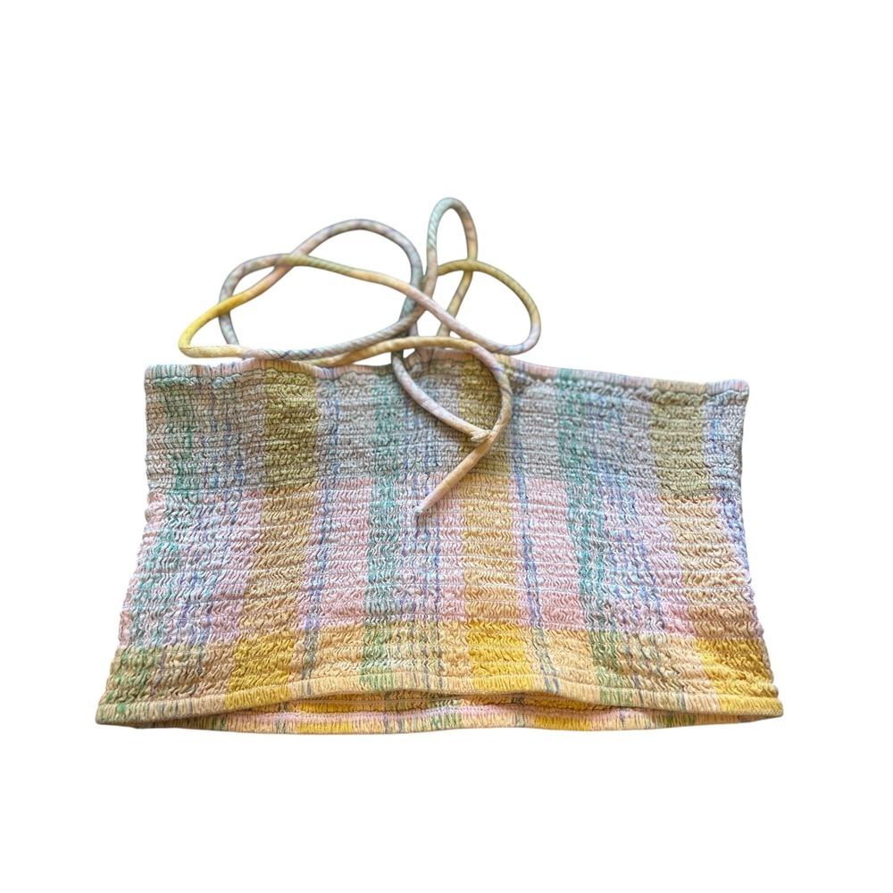 Universal Thread Smocked Plaid Tube Crop Top Women's M Pastel Rainbow‎ Tie Strap